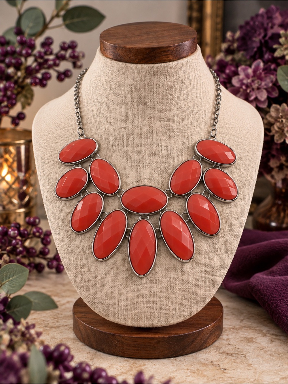 Coral Faceted Acrylic Statement Bib Necklace (BN3 po)